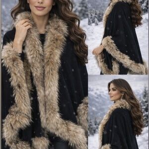 Elegant Black and Cream Fur-Trimmed Cape
